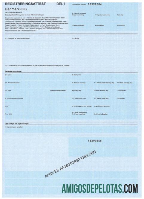 Denmark Vehicle Registration Certificate amostra